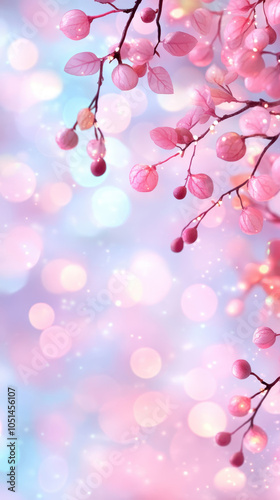 Delicate pink blossoms adorn dreamy background filled with soft bokeh lights, creating serene and enchanting atmosphere. gentle hues evoke sense of tranquility and beauty