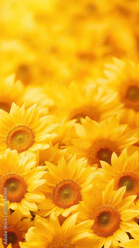 Obraz premium Bright and cheerful sunflowers fill frame, creating vibrant display of yellow hues that evoke feelings of warmth and happiness. lush petals and intricate centers draw eye, celebrating natures beauty