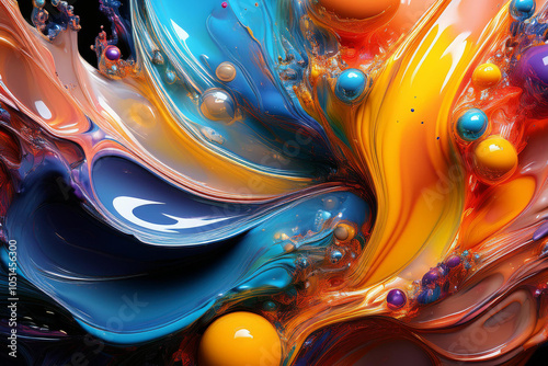 Spilled paint, spatial multicolor abstraction with glossy surface, light and shadow, reflections. Background, wallpaper.