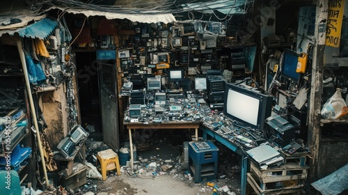 An electronic repair shop surrounded by discarded e-waste, where informal recycling leads to hazardous pollution from improperly handled components