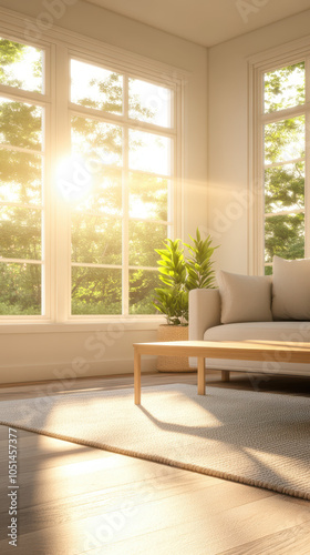 bright and airy living room bathed in sunlight, featuring large windows that showcase lush green view. cozy sofa and potted plant add warmth to serene atmosphere