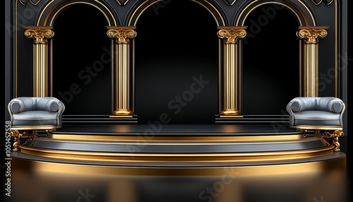 Golden and Black Stage with Arched Columns and Armchairs