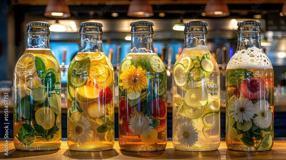 Five glass bottles filled with infused water featuring lemon, lime, herbs, and flowers displayed on a wooden counter. Five glass bottles filled with infused water featuring lemon, lime, herbs, and flowers displayed on a wooden counter.