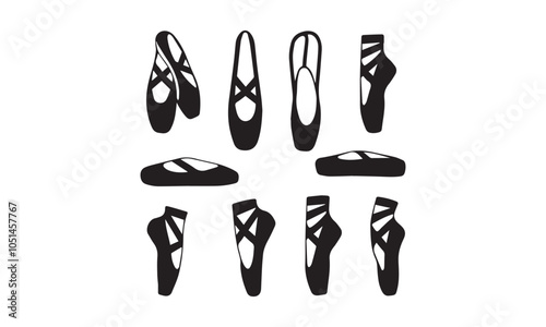 A set of black silhouette illustrations of ballet pointe shoes in various positions, showcasing elegance and grace. Ideal for dance-related designs, posters, and artistic projects.
