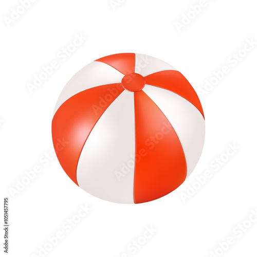 Inflatable 3d beach ball, red white pool party toy. Summer rainbow swimming water floating sphere. Sport game balloon, air blown round big plastic rubber beachball. Sea vacation striped fun kid bauble