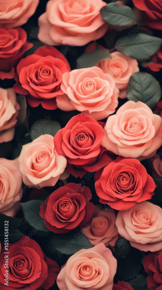 beautiful arrangement of red and pink roses, showcasing their delicate petals and lush green leaves, creating vibrant and romantic atmosphere