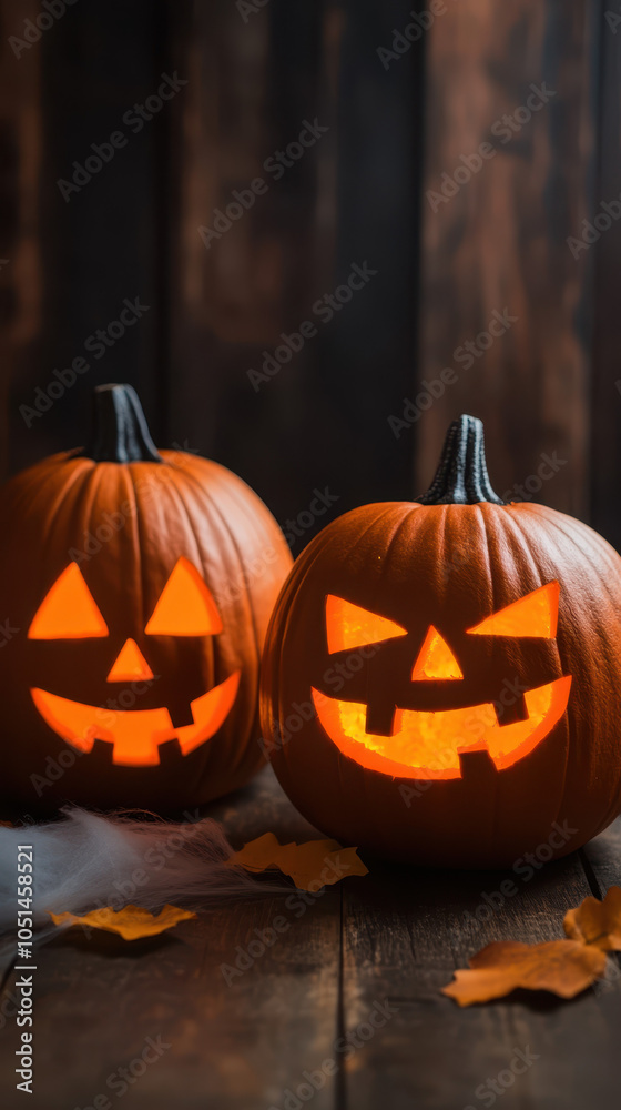 Obraz premium Spooky Halloween pumpkins with glowing faces create festive atmosphere. carved designs and warm light evoke sense of joy and celebration during this autumn season