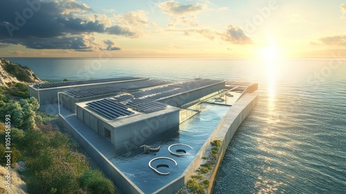 A modern desalination facility located near the ocean, using advanced filtration technologies to supply fresh water to a nearby city, with solar panels powering the plant photo