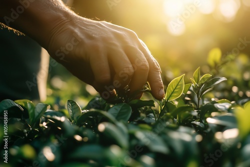 Worker picking tea leaves in tea plantation