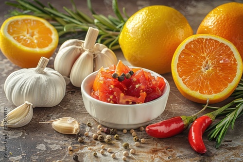 A bowl of chopped tomatoes surrounded by fresh oranges, garlic, chili peppers, and herbs on a rustic surface.