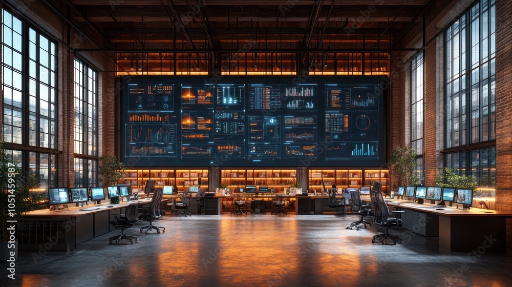 Modern Industrial Office Space with Large Data Display Screen Modern Industrial Office Space with Large Data Display Screen