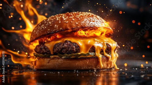 A delicious cheeseburger sits tantalizingly with gooey cheese and flames licking the sides, showcasing a perfect blend of flavors and textures photo