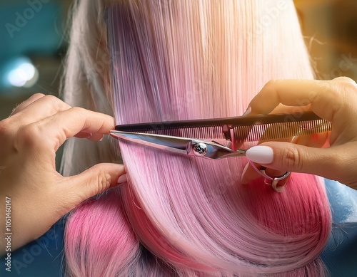 Hands carefully shaping a layered haircut in soft pastel-colored hair, light reflecting off the scissors and strands. photo