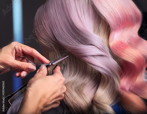 Hands carefully shaping a layered haircut in soft pastel-colored hair, light reflecting off the scissors and strands. photo