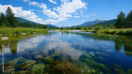 Tranquil mountain lake reflecting blue sky and green forest