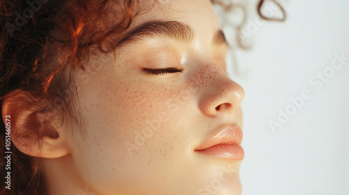 Woman with a beautiful face is smiling. She has a nice, clean look to her face