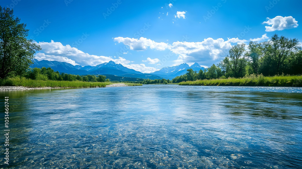 Fototapeta premium Tranquil mountain lake reflecting blue sky and green forest