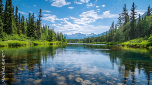 Tranquil mountain lake reflecting blue sky and green forest