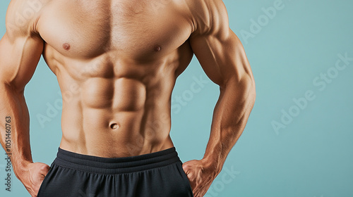 Man with a muscular body and a blue pair of shorts. He is posing for a picture