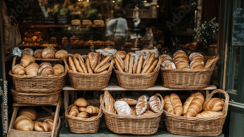 A charming French bakery showcasing traditional baguettes, croissants, pain au chocolat, and macarons, with baskets overflowing with freshly baked bread