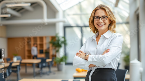 Portrait of smiling businesswoman standing with arms crossed in modern office Free Download Portrait of smiling businesswoman standing with arms crossed in modern office - GFXLoad