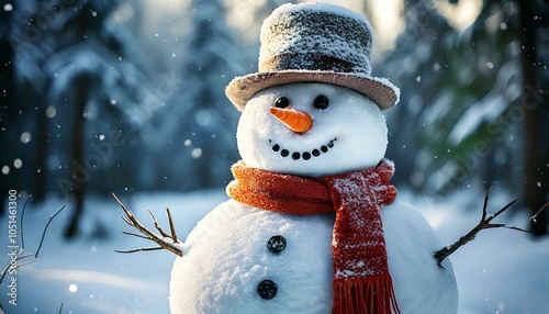 Snowman with Carrot Nose and Scarf in a Snowy Field photo