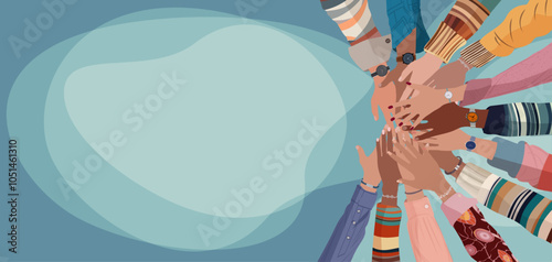 Group hands on top of each other of multicultural people. Community teamwork cooperation or ethnicity concept.Diverse culture. Equality diversity inclusion. Agreement between colleagues