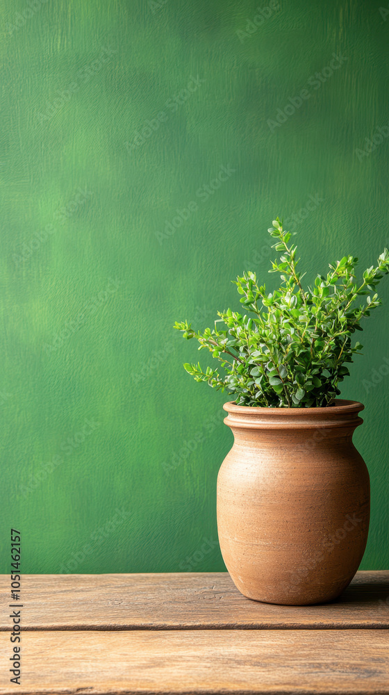 beautiful potted plant in clay pot sits on wooden table against vibrant green background, adding touch of nature and freshness to space beautiful potted plant in clay pot sits on wooden table against vibrant green background, adding touch of nature and freshness to space