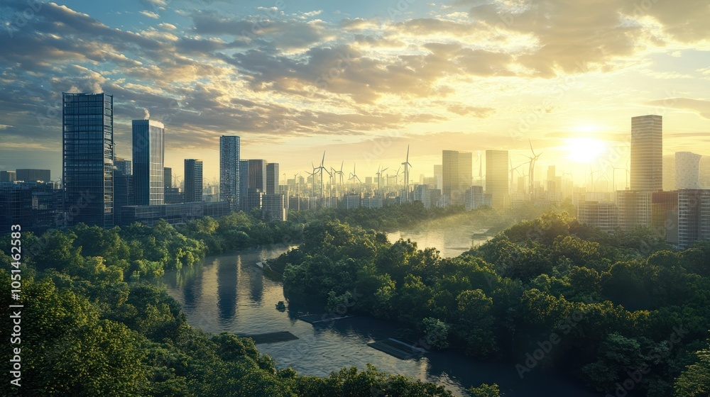 Obraz premium A city transitioning to low-carbon electricity resources, with a mix of solar, wind, and hydroelectric power feeding into the grid, reducing reliance on fossil fuels