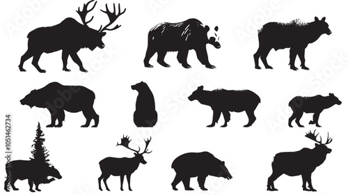 Big mammals of the northern lands vector silhouettes collection