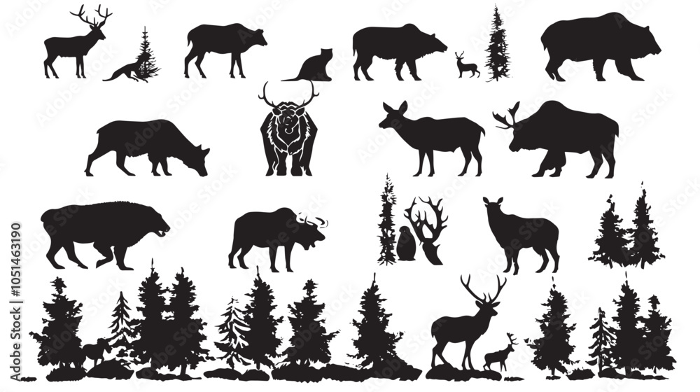 Fototapeta premium Big mammals of the northern lands vector silhouettes collection
