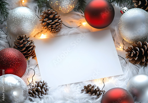 Blank White Card Surrounded by Holiday Decorations photo