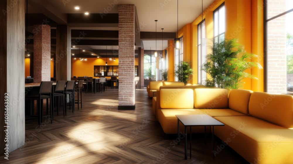 Naklejka premium modern interior design featuring spacious lounge area with orange walls, large windows, and stylish furniture. warm ambiance is enhanced by natural light, creating welcoming atmosphere