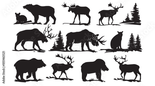 Big mammals of the northern lands vector silhouettes collection