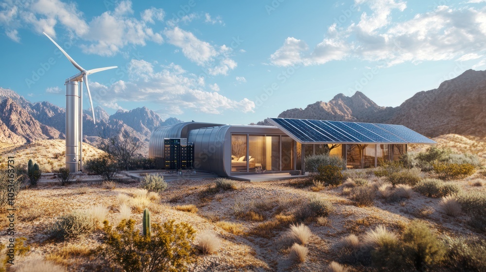 Fototapeta premium An off-grid home setup in a desert region, utilizing solar panels, a wind turbine, and a water-to-hydrogen generator to produce clean energy without reliance on external power sources
