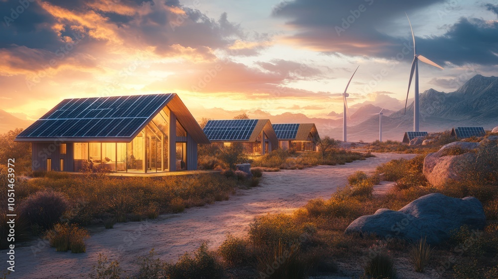 Fototapeta premium A group of remote eco-friendly homes relying on off-grid electrical resources, with solar and wind energy systems connected to shared battery storage
