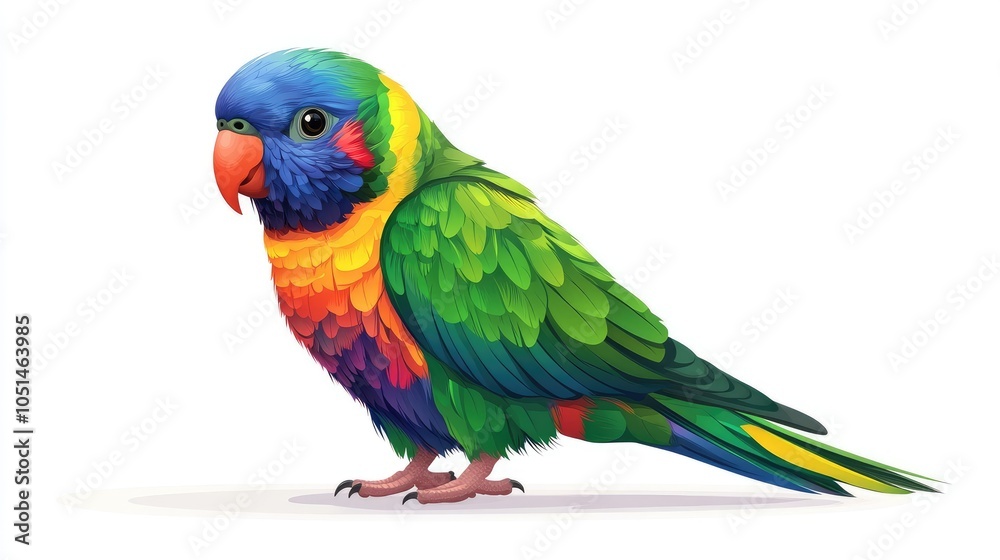 Obraz premium A colorful parrot with blue, green, yellow, and orange feathers stands on a white background.