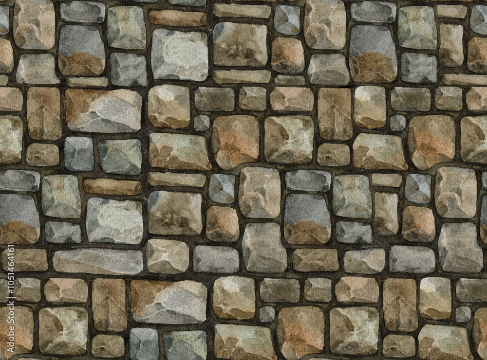 Fototapeta premium Rough stone surface seamless pattern element. Watercolor illustration. Hand drawn different solid stones, rough rocks background. Rocky rustic wall texture surface seamless pattern