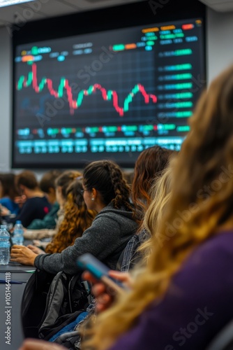 A conference room with a large screen displaying a bullish market trend. Attendees are engaged and taking notes, Generative AI