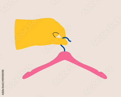 Hand holds a clothes hanger. Colorful vector illustration