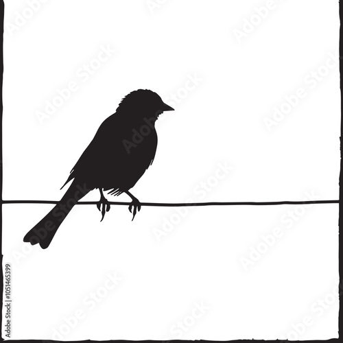 Black and white bird illustration of a silhouette on a wire