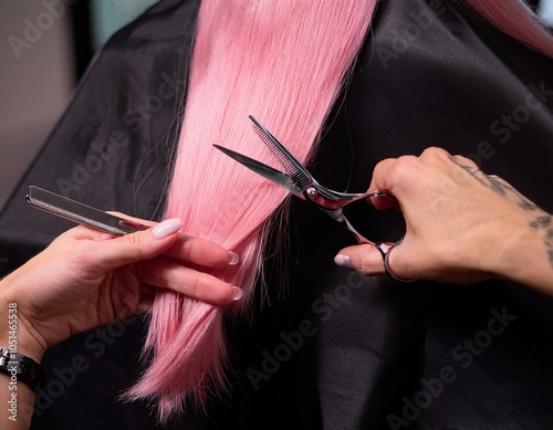 Stylist’s hands cutting pastel pink hair, creating a layered look with careful positioning of the scissors. photo