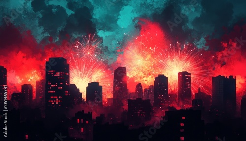 A dramatic cityscape with fireworks illuminating a dark skyline.