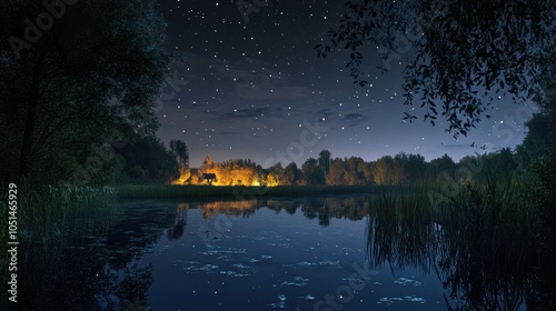 A wildlife reserve near a city, where bright artificial lights interfere with nocturnal animals, showing how light pollution impacts ecosystems