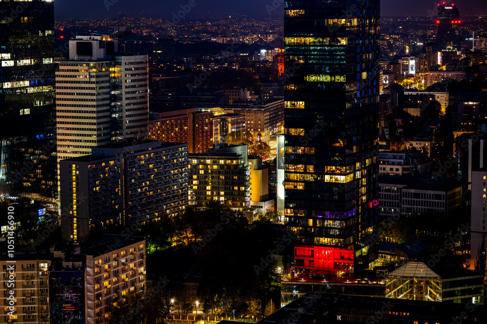 Obraz premium Warszaw, Poland: Evening panorama of the city center from the observation deck of the Palace of Culture and Science