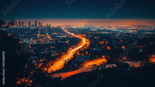 A city view from a distance, where excessive lighting from buildings and highways creates a bright orange glow in the night sky, diminishing the natural darkness