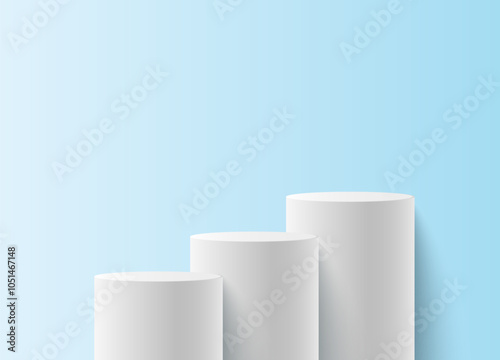 Cylindrical white matte podiums. Vector blue background