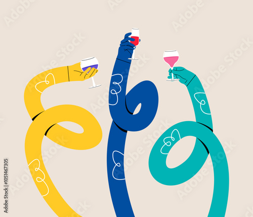 Funny long hands holding wineglass. Colorful vector illustration