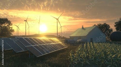 A hybrid energy system powering a remote farm, combining solar panels, wind turbines, and a biodiesel generator to ensure continuous power, even during low sunlight or wind conditions