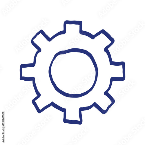 Gear sketch. Hand drawn vector illustration. Blue pen or marker drawing. Primitive kids picture